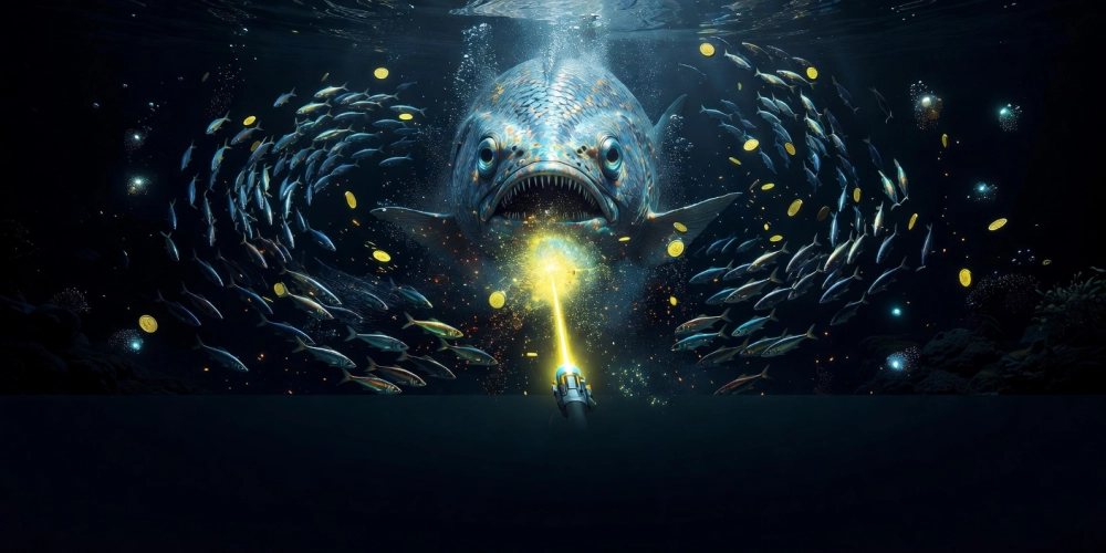 Giao diện game bắn cá đại dương sâu với boss cá lớn và hiệu ứng nổ tung