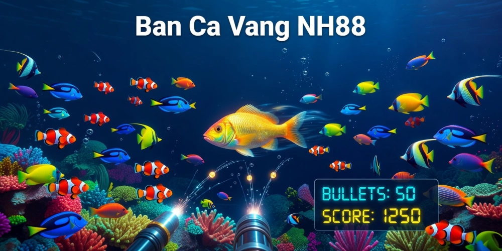 Minh họa giao diện trò chơi bắn cá vàng nh88 với đồ họa sống động và cá vàng lấp lánh