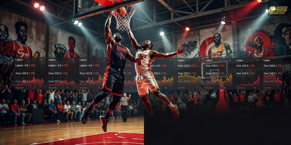 Hình ảnh minh họa trận đấu bóng rổ NBA sôi động trên ứng dụng NH88 với biểu đồ tỷ lệ cược