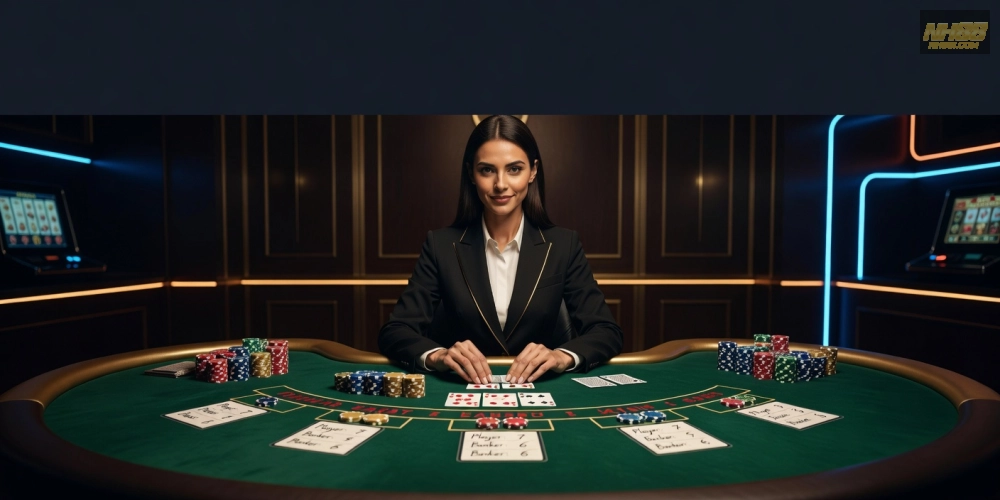 Minh họa khái niệm baccarat live casino nh88 với dealer chuyên nghiệp và bàn chơi hiện đại