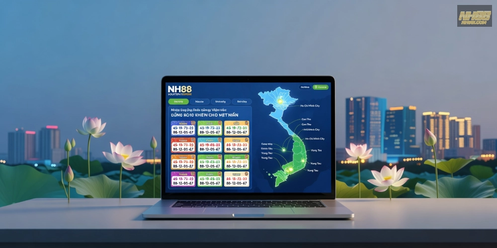 Minh họa khái niệm xổ số miền nam nh88 với giao diện trực tuyến hiện đại và kết quả minh bạch