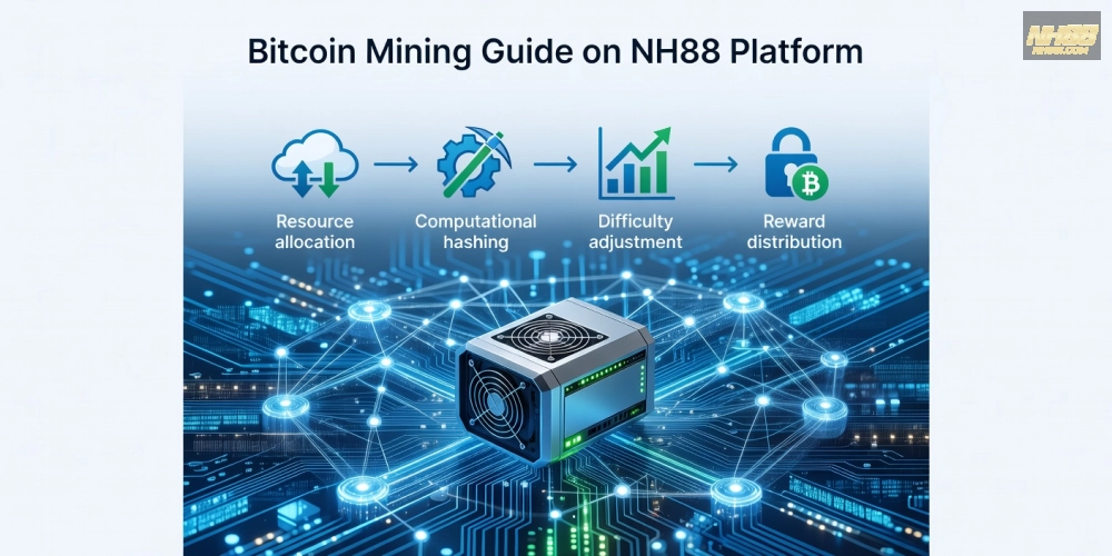 Minh họa khái niệm hướng dẫn đào Bitcoin trên nền tảng NH88 với biểu tượng blockchain