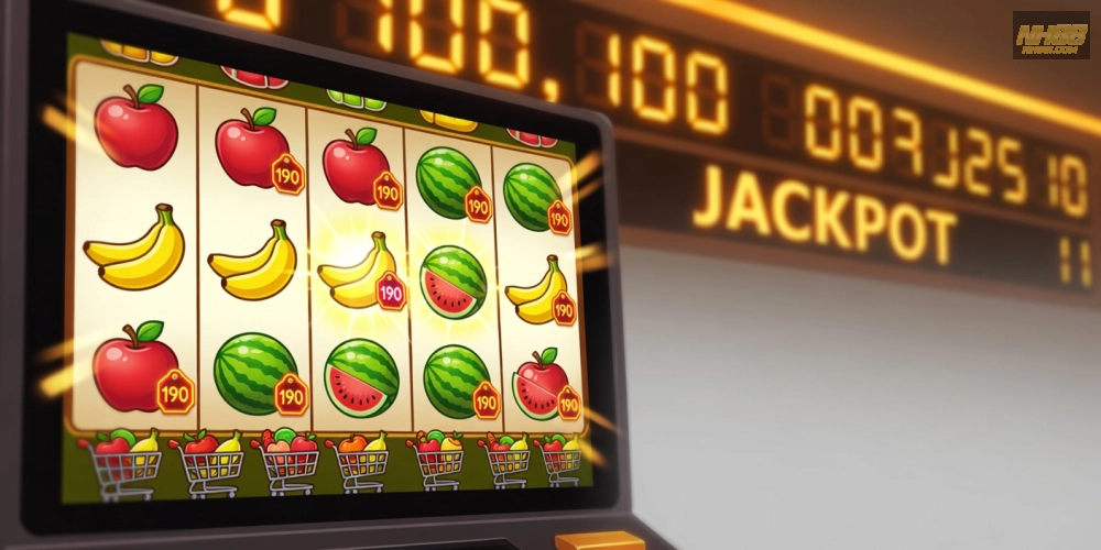 Giao diện game Siêu Nổ Hũ Siêu Thị với biểu tượng trái cây và jackpot lấp lánh trên nền tảng NH88