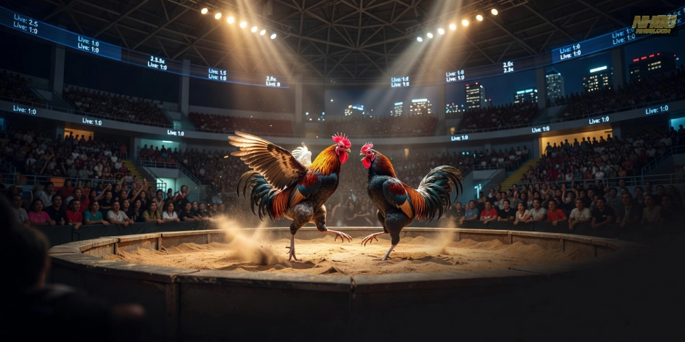 Hình ảnh trận đấu đá gà trực tiếp tại Araneta qua casino nh88 với không khí sôi động.