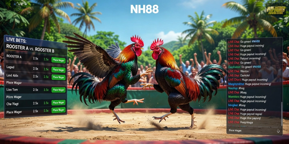 Hình minh họa trực tiếp đá gà casino nh88 với trường gà chuyên nghiệp và giao diện streaming.